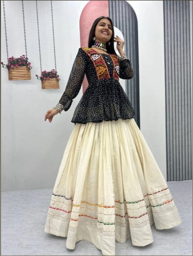 Black Bandhej Khadi Cotton Lehenga with 6 Meters (Grand Flare)